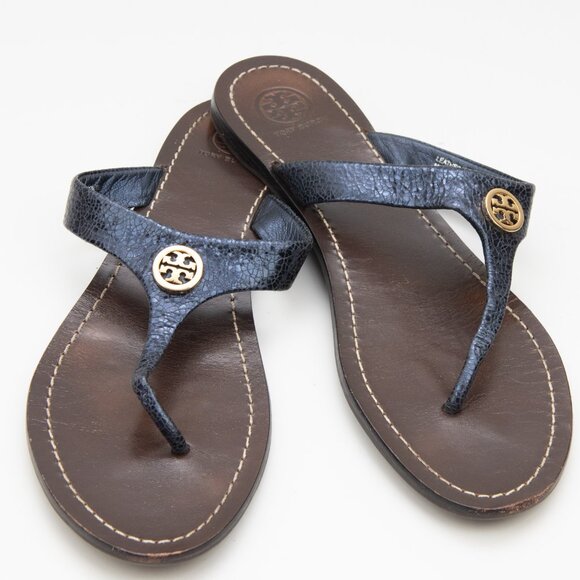 Tory Burch Shoes - Tory Burch Cameron Sandals Metallic Embossed Crackled Leather Thong Blue 8.5